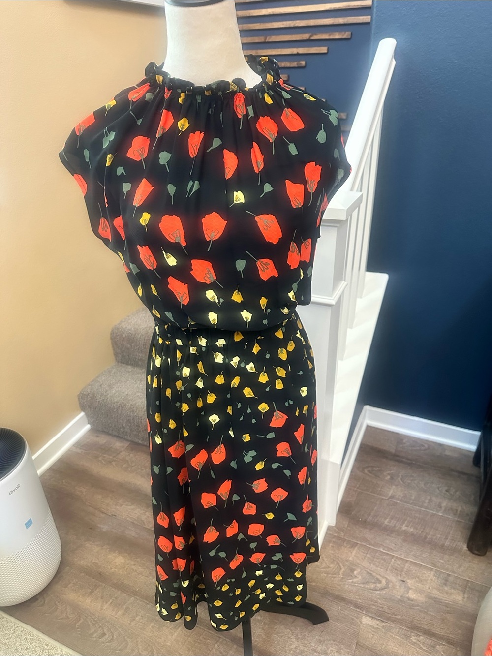 Banana Republic Black Midi Dress with Red, Yellow & Green Floral Print